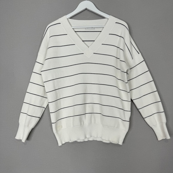 Lacoste Sweaters - Lacoste Womens Sweater 42 / Large White Striped Waffle Knit V-Neck Tennis Prep